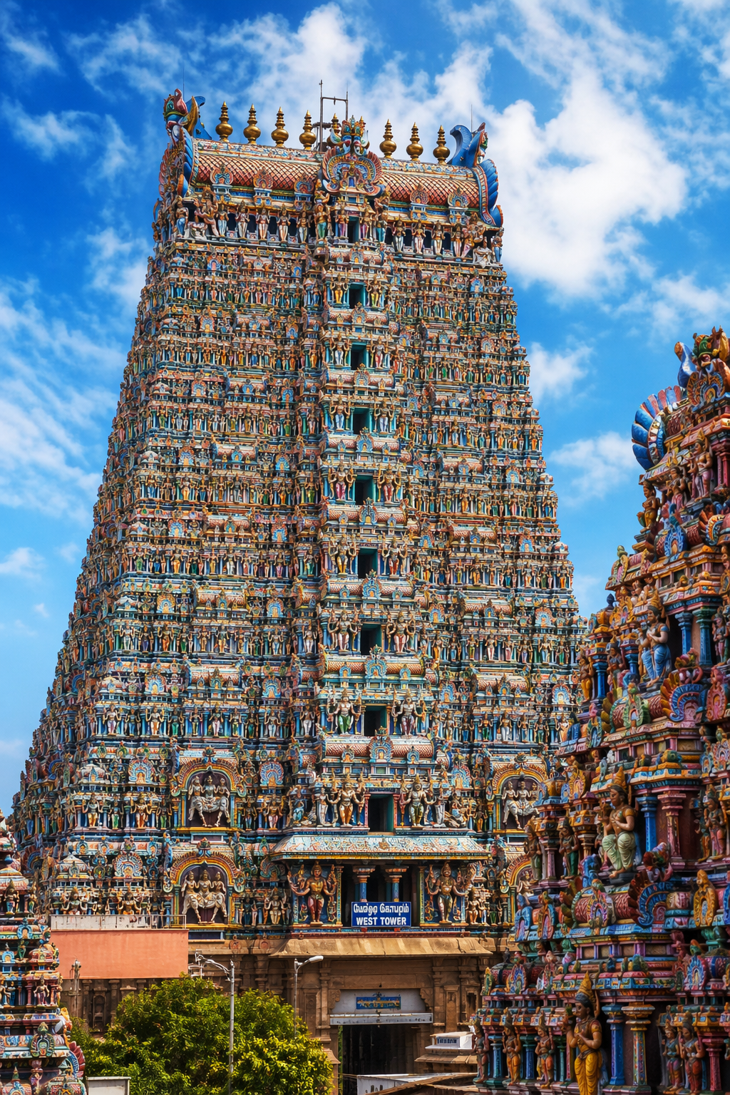 Meenakshi Amman Temple Madurai colorful multi-tiered gopuram gateway tower painted sculptures blue sky
